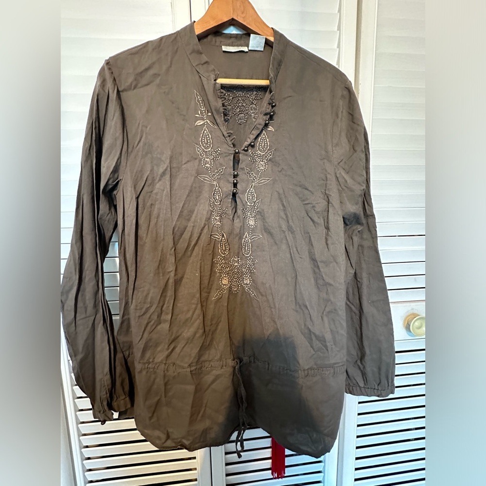 Brown long sleeve cotton embroidered tunic size 16